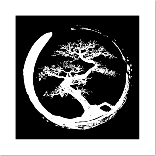 Zen Bonsai Tree in Enso Circle (white) Posters and Art